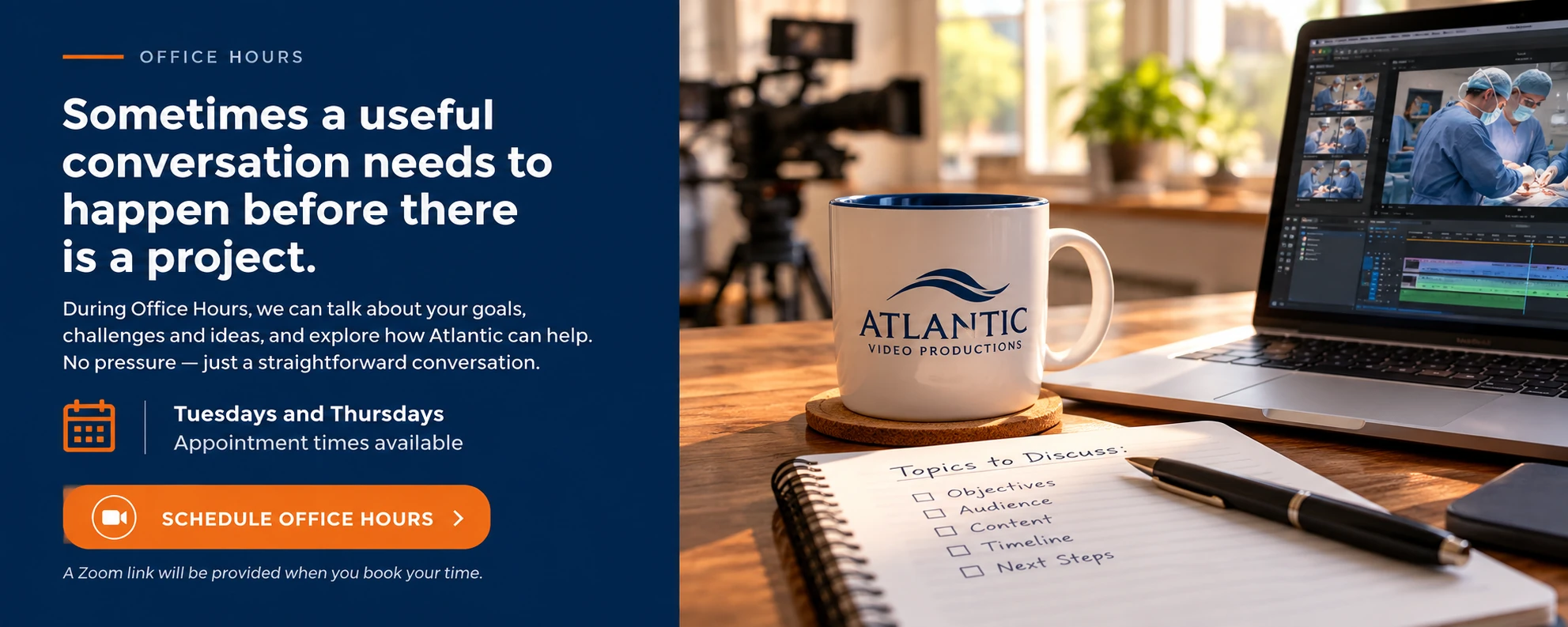 Atlantic coffee cup, notebook, pen and laptop displaying a medical video editing timeline